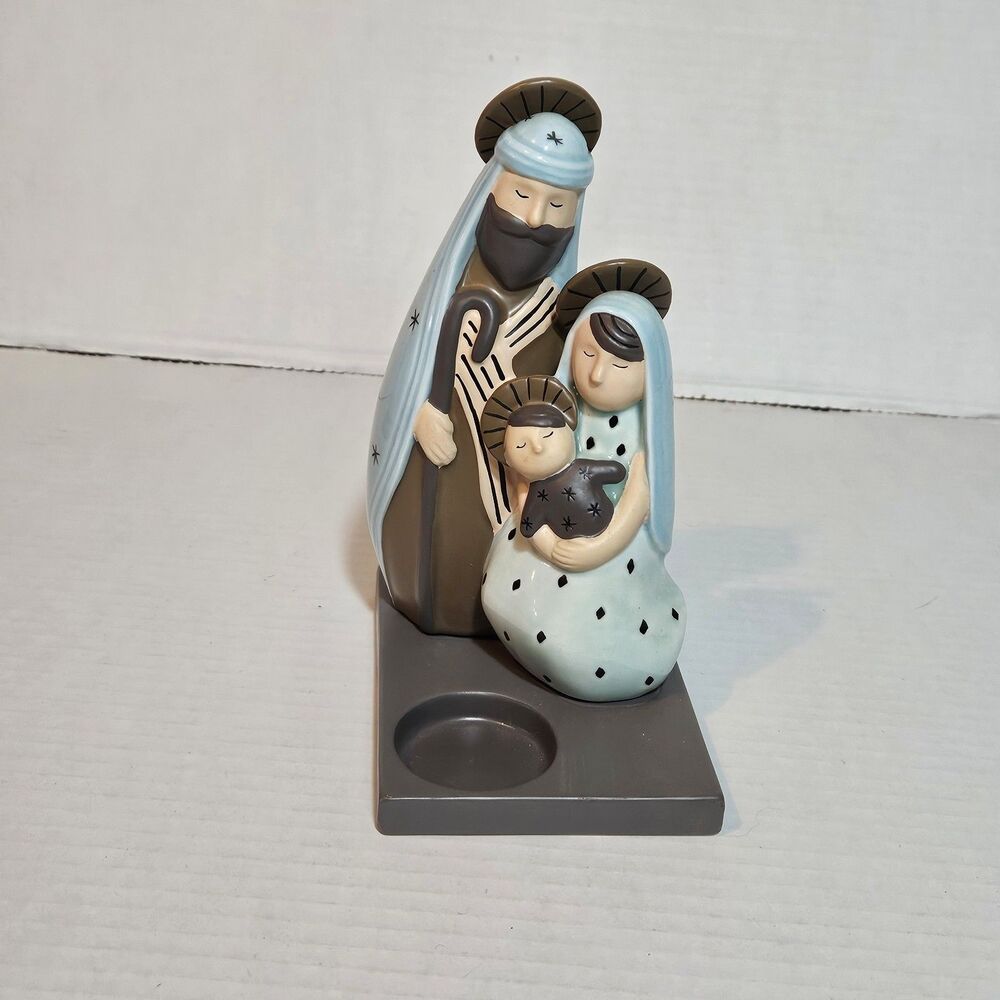 PartyLite Ceramic Nativity Joseph, Mary and Jesus Tea Light Candle -Teal Blue